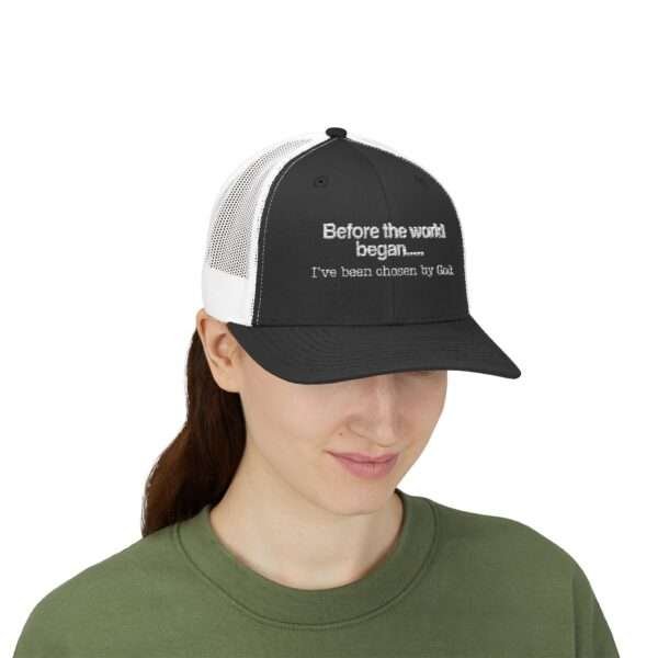 10007591444911282985_2048.jpeg Before the World Began... I’ve Been Chosen by God Trucker Cap — Embroidered Christian Snapback Hats for Women