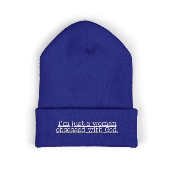 Embroidered Religious Beanie for Women – “I’m Just a Woman Obsessed With God” Faith Beanie Hat, Faith Apparel Gift Ideas