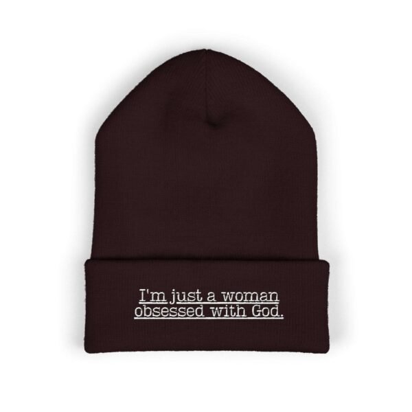 Embroidered Religious Beanie for Women – “I’m Just a Woman Obsessed With God” Faith Beanie Hat, Faith Apparel Gift Ideas