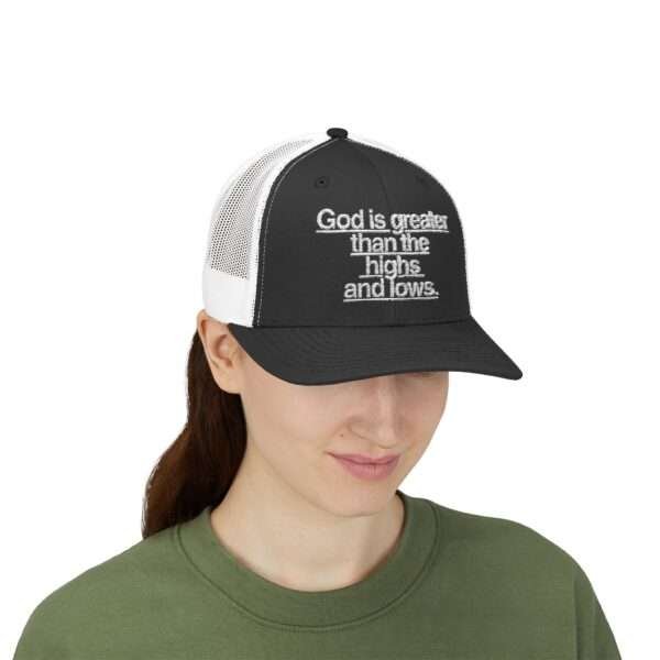 17504584577059462702_2048.jpeg Women Christian Trucker Hats: God Is Greater Than the Highs and Lows — Women’s Snapback Trucker Cap