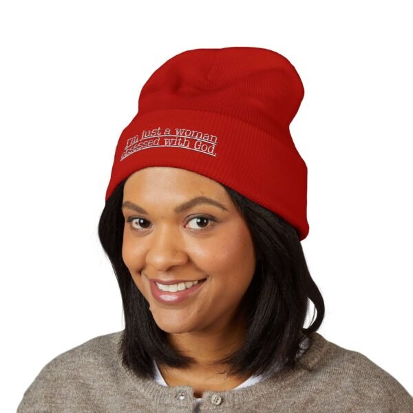 Embroidered Religious Beanie for Women – “I’m Just a Woman Obsessed With God” Faith Beanie Hat, Faith Apparel Gift Ideas
