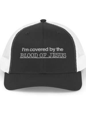 Christian Trucker Hats Ladies: Covered by the Blood of Jesus — Religious Snapback Cap, Christian Snapback Cap for Women