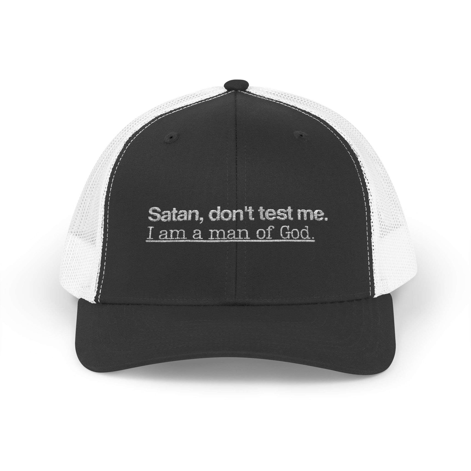Funny Christian Snapback Trucker Hat for Men: “Satan, Don’t Test Me… I Am a Man of God", Embroidered Snapback - Image 3