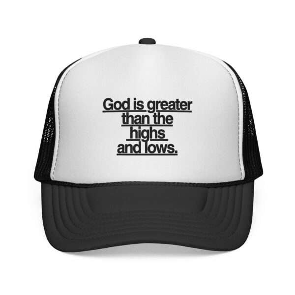 God Is Greater Than the Highs and Lows Trucker Hat — Women’s Religious Trucker Cap,  Christian Gifts Inspiration Ideas