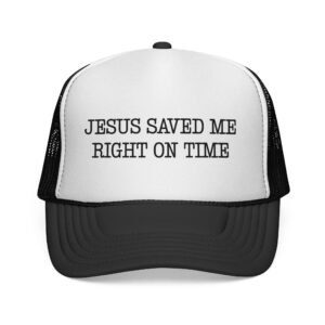 Black Christian Trucker Hats for Men —  Faith Trucker Hat for Christian Men, Jesus Saved Me Right On Time Hat