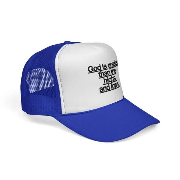 God Is Greater Than the Highs and Lows Trucker Hat — Women’s Religious Trucker Cap,  Christian Gifts Inspiration Ideas
