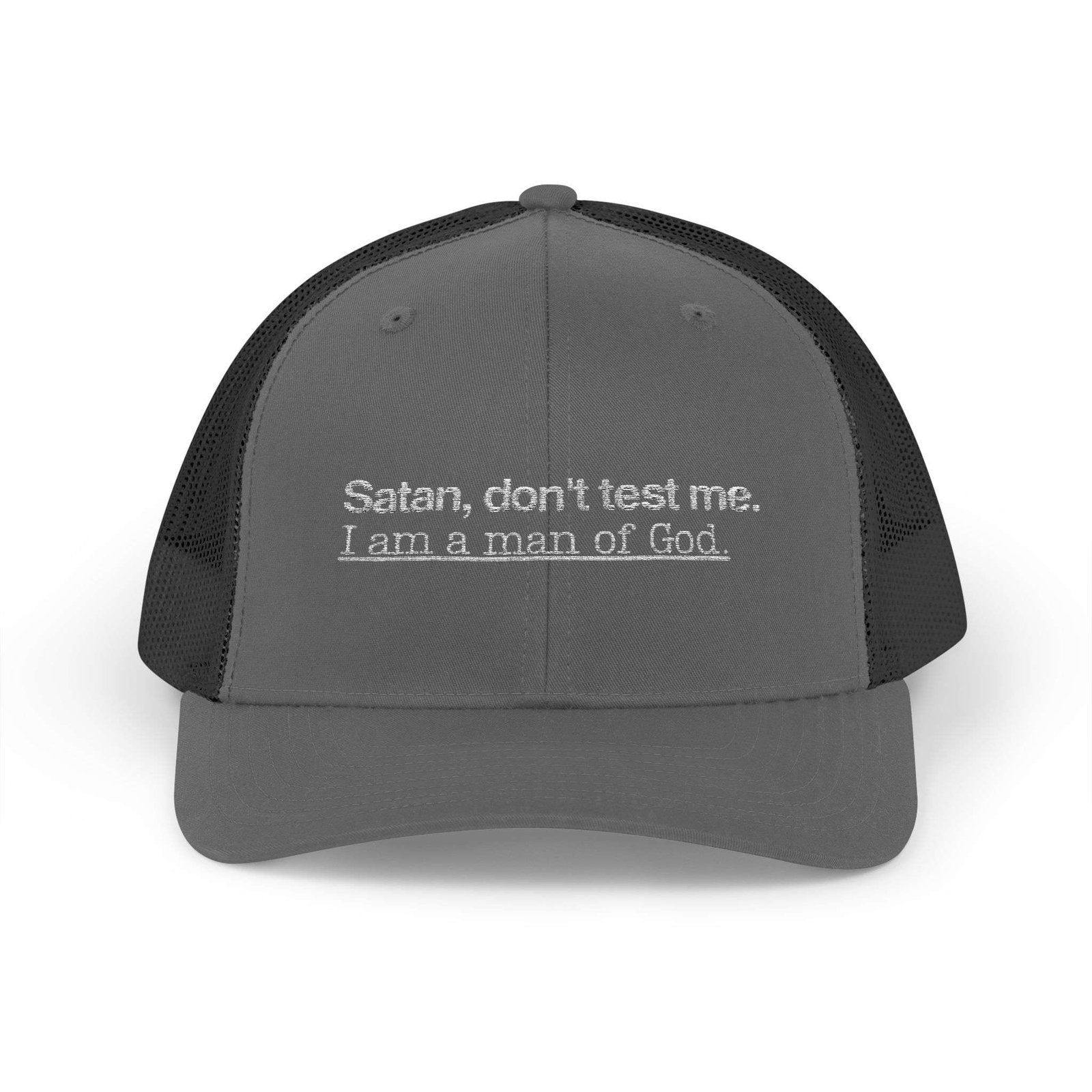 Funny Christian Snapback Trucker Hat for Men: “Satan, Don’t Test Me… I Am a Man of God", Embroidered Snapback - Image 5