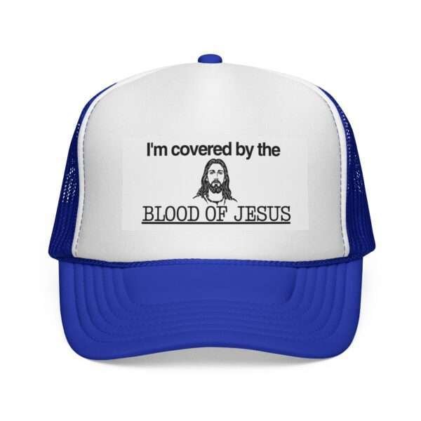 5110416867692944116_2048-1.jpeg Jesus Trucker Hat – Faith-Based Hat, Faith Statement Trucker Hat — "I'm Covered by the Blood of Jesus" Christian Faith Trucker Hat