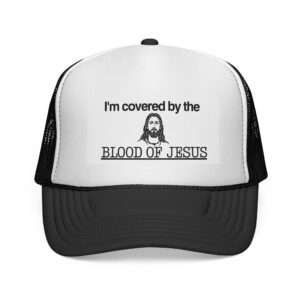 5263876940329697836_2048-1.jpeg Jesus Trucker Hat – Faith-Based Hat, Faith Statement Trucker Hat — "I'm Covered by the Blood of Jesus" Christian Faith Trucker Hat