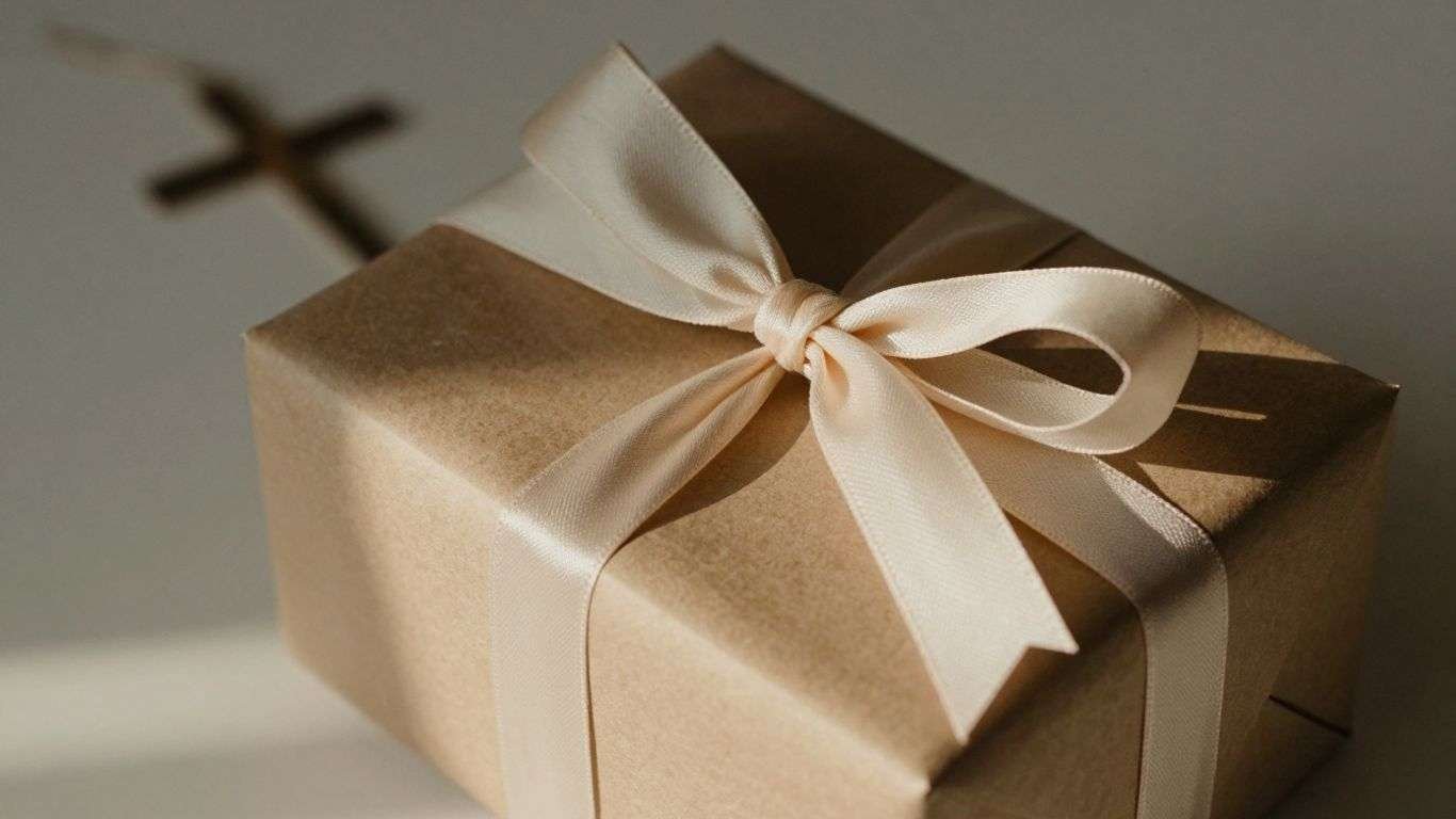 Thoughtfully wrapped gift box with a subtle spiritual element.