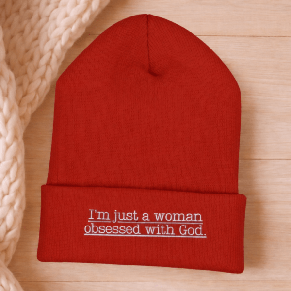 Embroidered Religious Beanie for women  – “I’m Just a Woman Obsessed With God” Christian Winter Hat, Faith Apparel